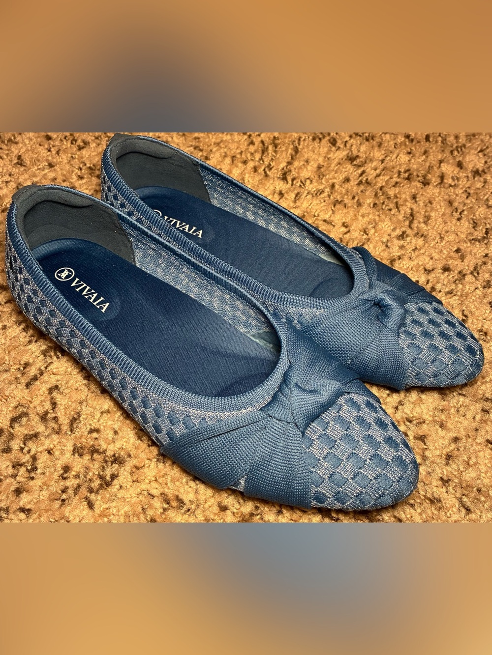 VIVAIA Bibi Stretch Knit Knotted Ballet Flats Blue Checkered Slip On EU 38 US 8